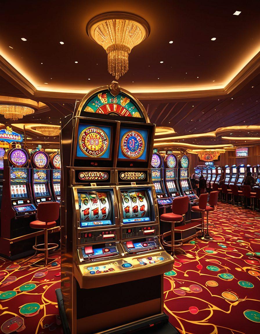 A colorful and lively scene depicting various interactive slot machines featuring vibrant graphics, animations, and happy players engaging with the machines. Include elements like confetti, coins flying, and glowing screens to evoke excitement and joy. The background should showcase an inviting casino atmosphere, with soft lighting and decorative chandeliers. Capture the sense of adventure in online gambling while ensuring a playful and engaging vibe. super-realistic. vibrant colors. 3D.