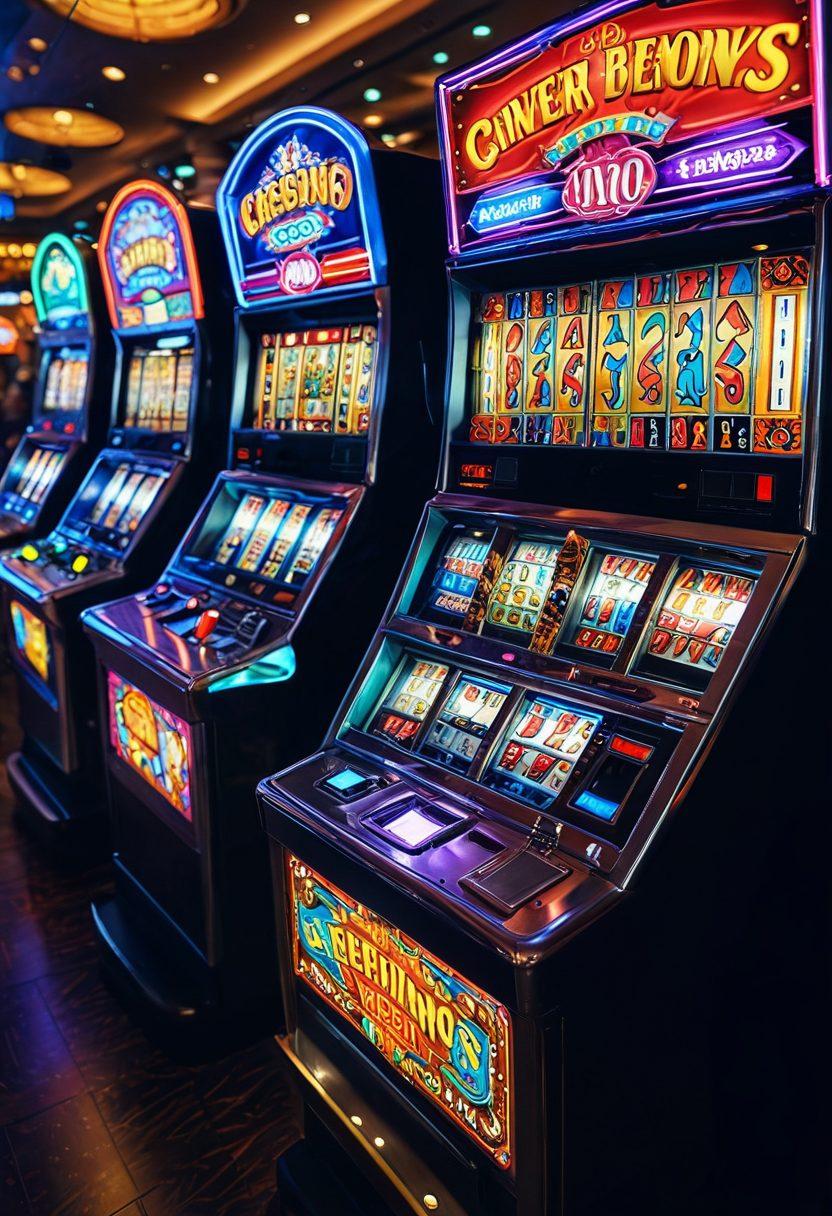 A vibrant casino scene showcasing a variety of penny slot machines with colorful lights and joyful players winning small jackpots. In the foreground, close-up shots of coins spilling out from a machine, emitting sparkles and smiles from excited players. Background filled with bright neon signs and cheering crowds, creating an atmosphere of fun and excitement. super-realistic. vibrant colors. 3D.